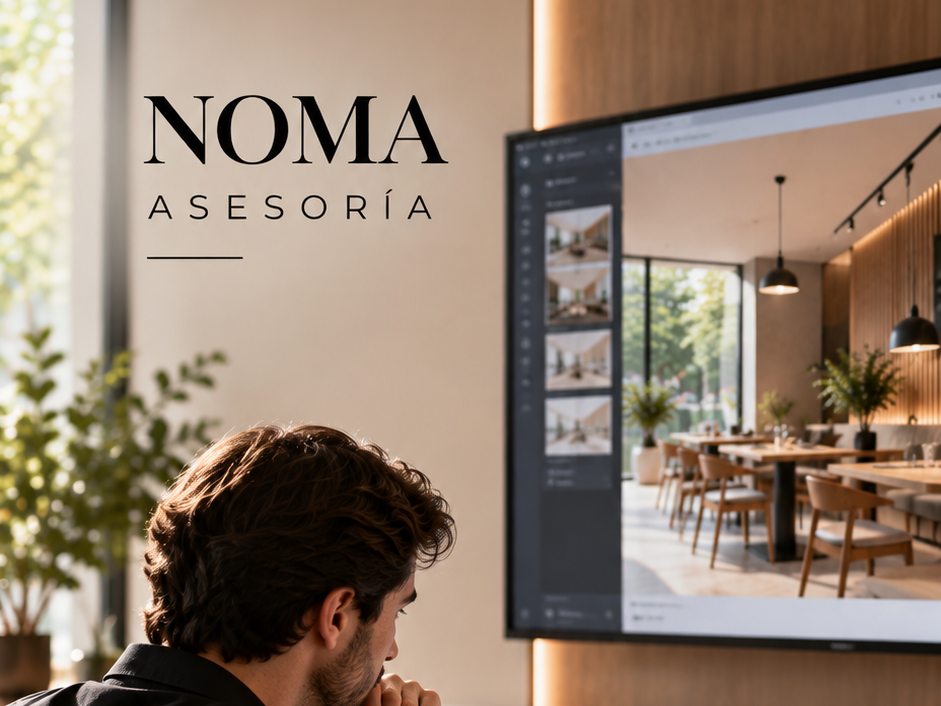 Arquitecto de NOMA revisando el render de un proyecto junto a las muestras de material