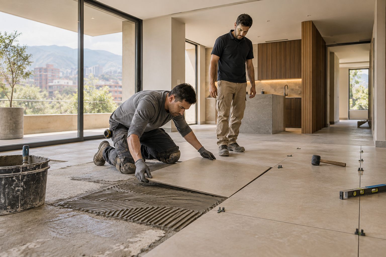 Equipo de NOMA instalando piso en un apartamento habitado durante la remodelación
