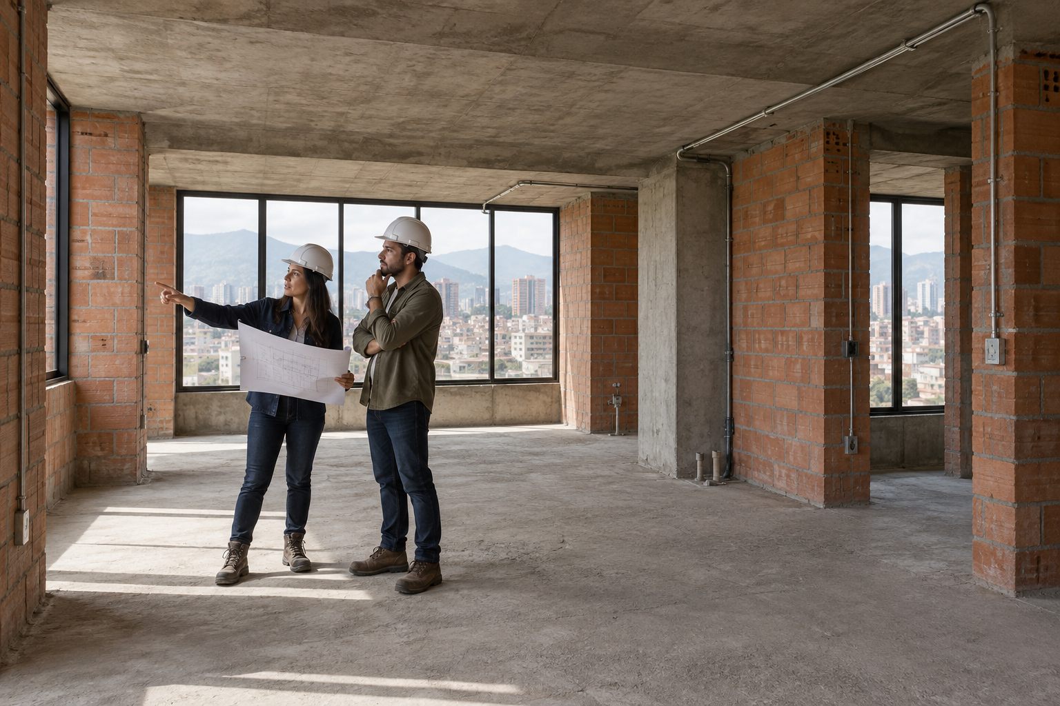 Pareja revisando con un arquitecto de NOMA un apartamento recién entregado en obra gris